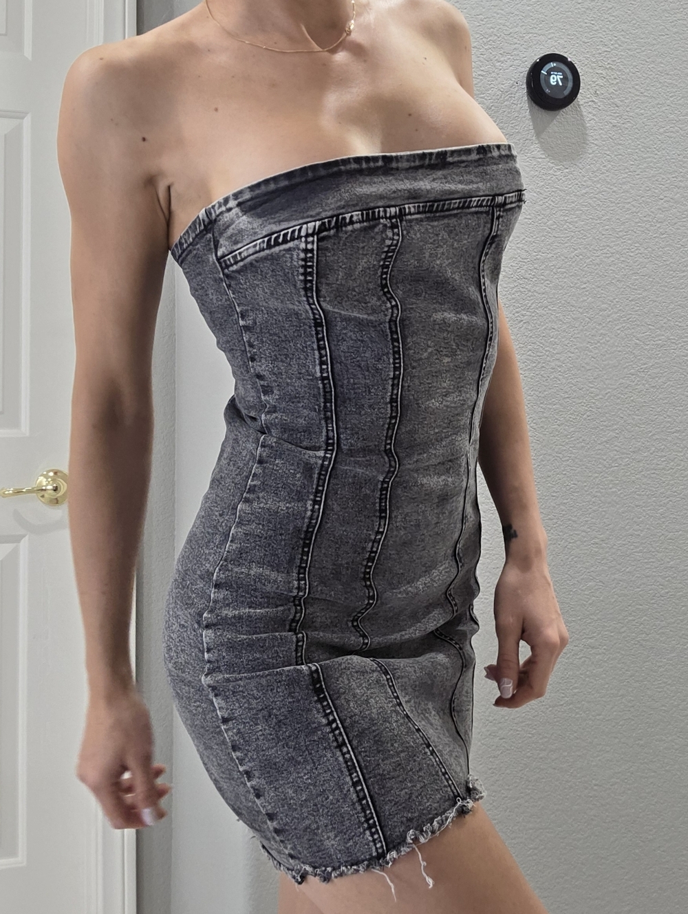 refuge Strapless Washed Grey Denim Bodycon Dress